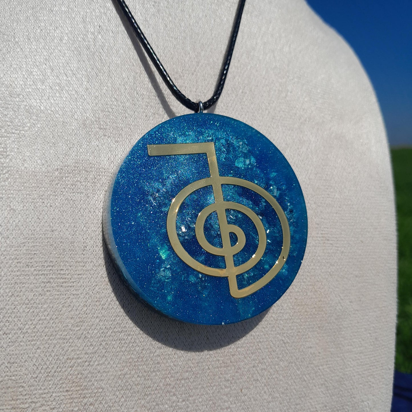 Colgante Orgonita Flor de la Vida con Shunguita- Azul- Orgone Necklace