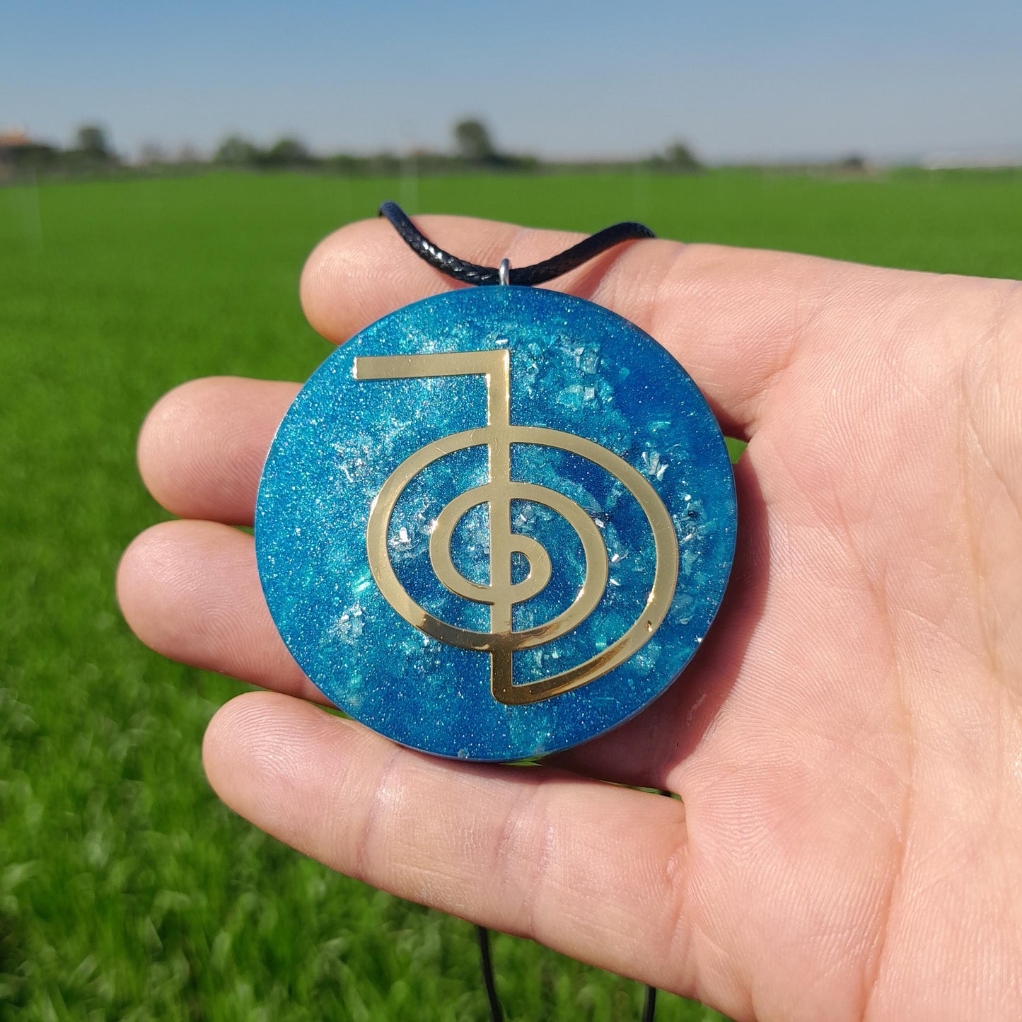 Colgante Orgonita Flor de la Vida con Shunguita- Azul- Orgone Necklace
