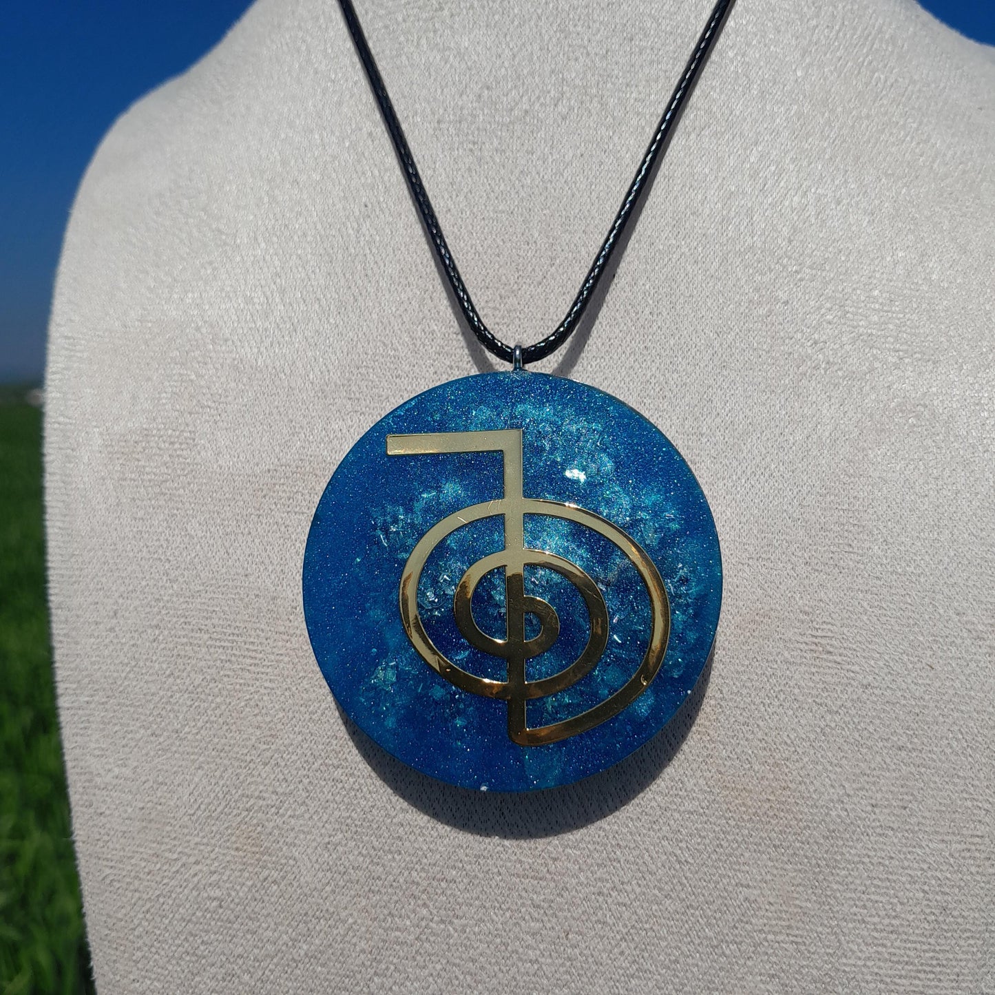 Colgante Orgonita Flor de la Vida con Shunguita- Azul- Orgone Necklace