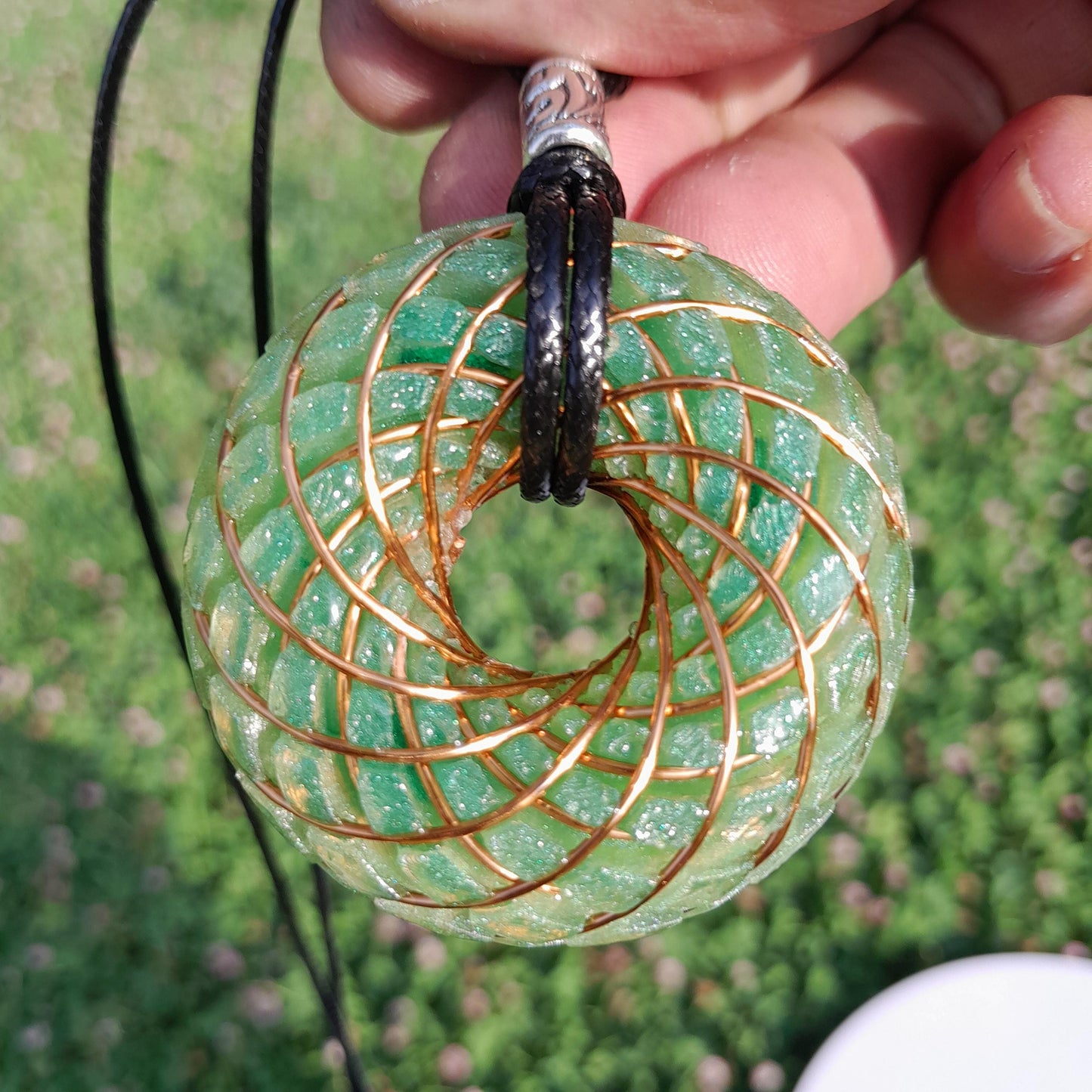 Bobina Torus Rodin Azul con Aventurina Verde- 50mm- Generador de Ondas de Vórtice