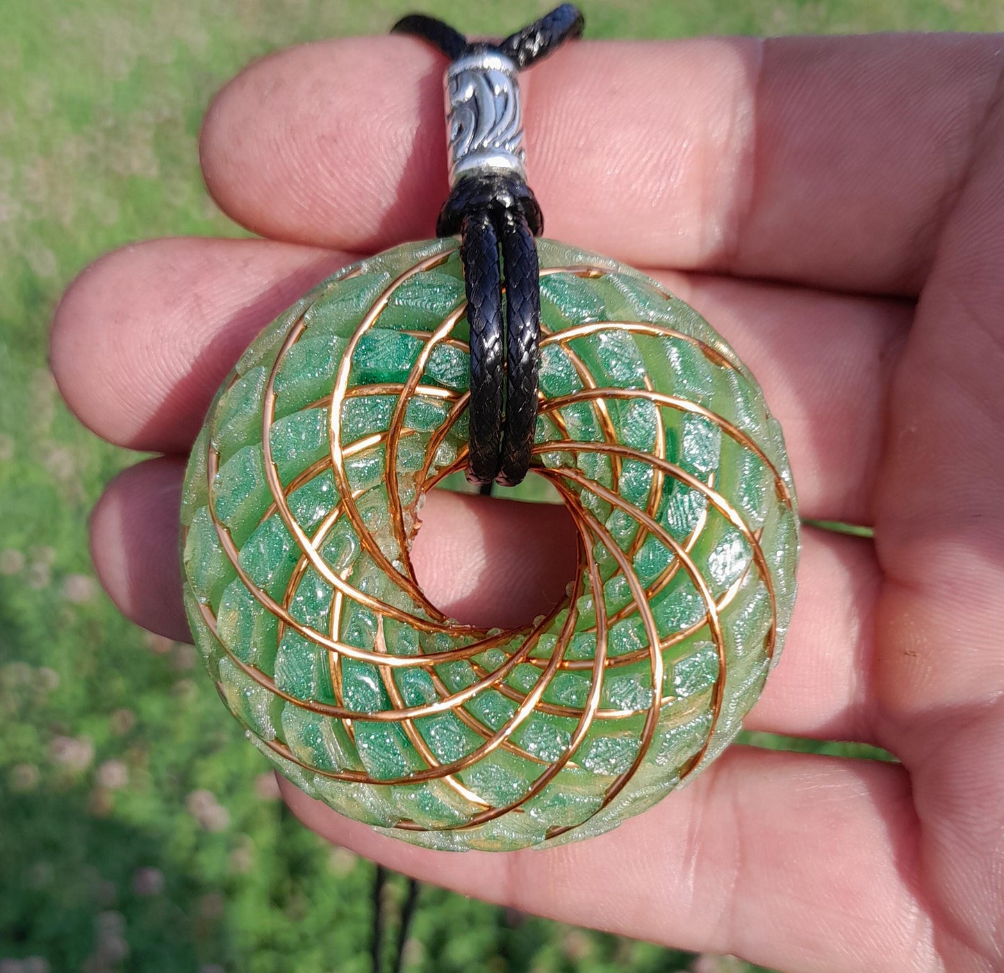 Bobina Torus Rodin Azul con Aventurina Verde- 50mm- Generador de Ondas de Vórtice