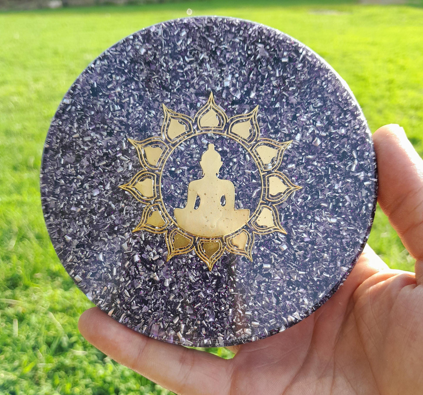 Placa de Carga Orgonica Buda con Flor de Loto – Energizador Natural para Alimentos y Bebidas Saludables