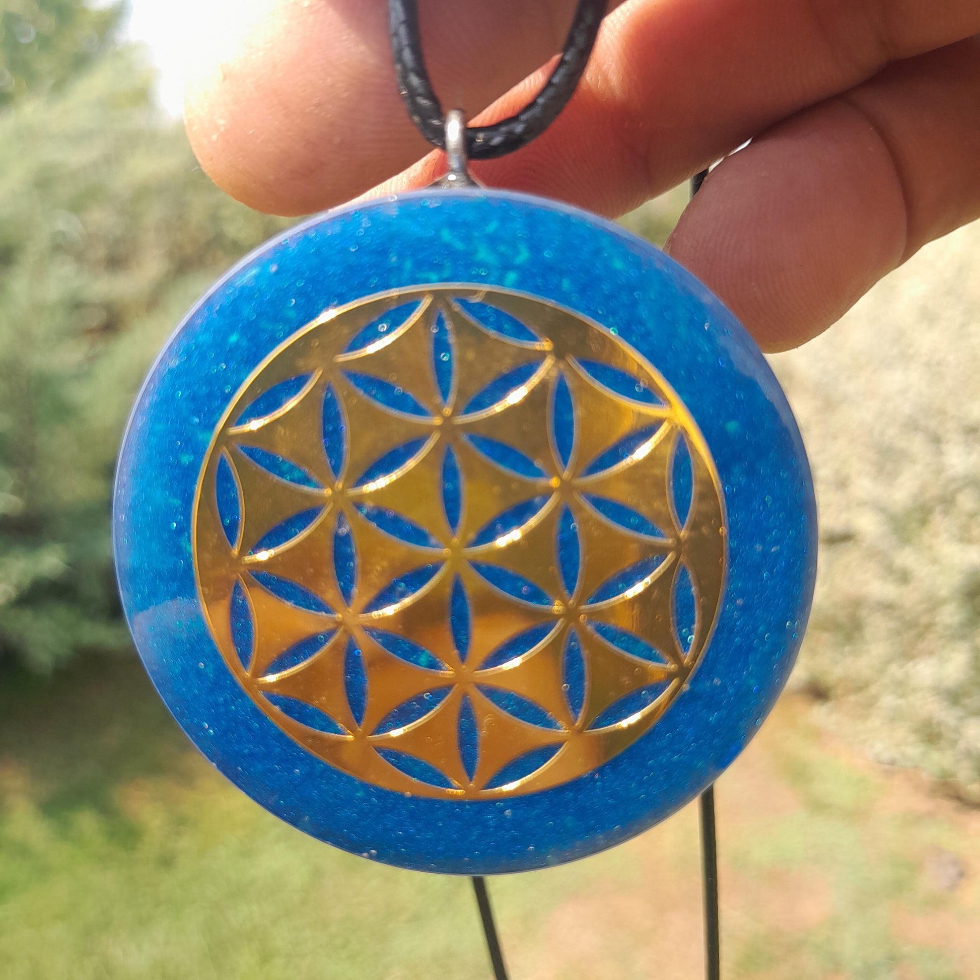 Colgante Orgonita Flor de la Vida Azul | Shungita- Protección 5G, EMF, Energía Orgone, Hecho a Mano