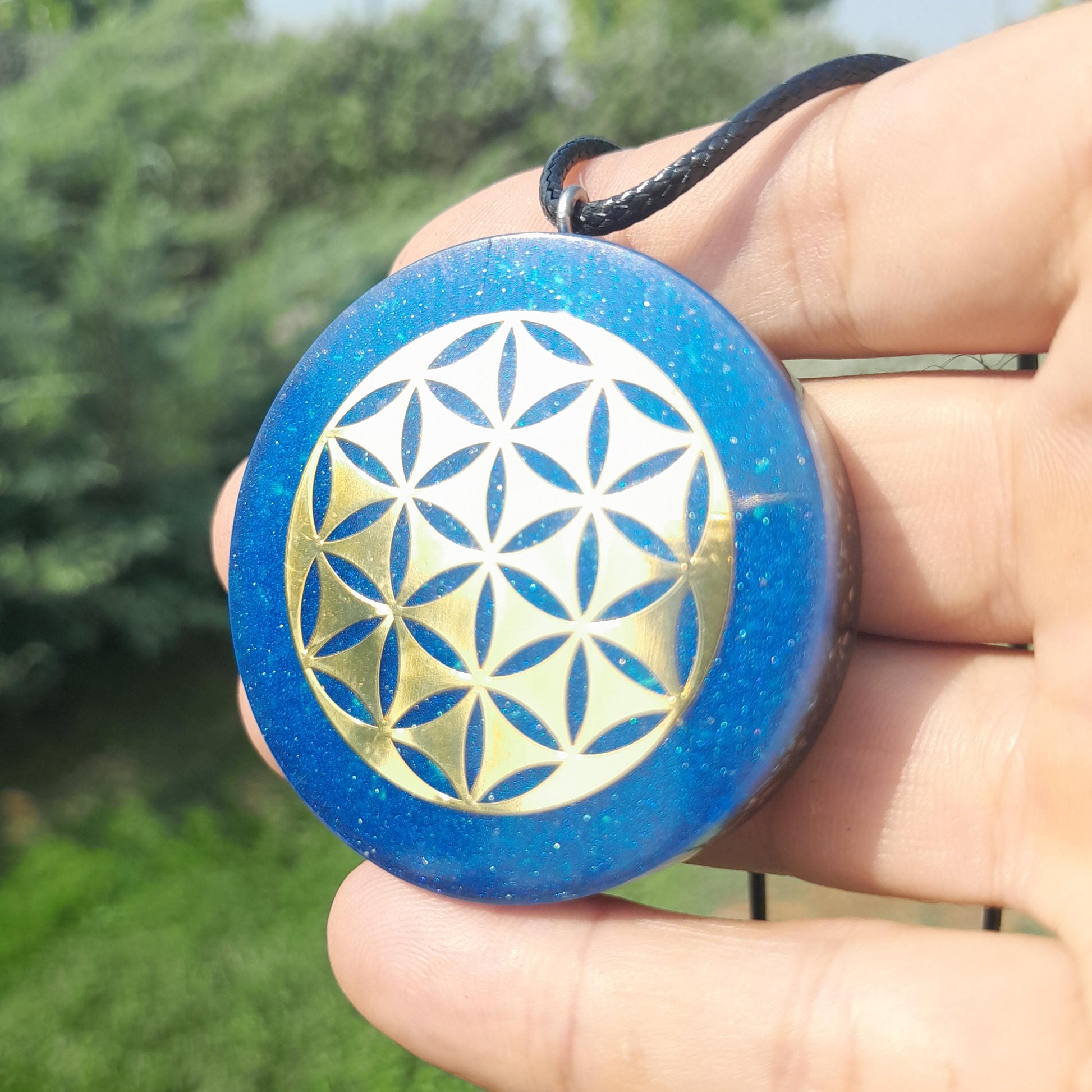 Colgante Orgonita Flor de la Vida Azul | Shungita- Protección 5G, EMF, Energía Orgone, Hecho a Mano