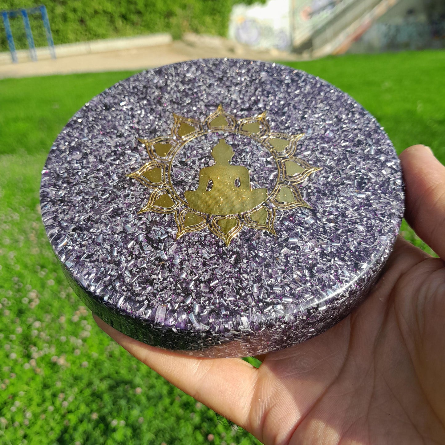 Placa de Carga Orgonica Buda con Flor de Loto – Energizador Natural para Alimentos y Bebidas Saludables