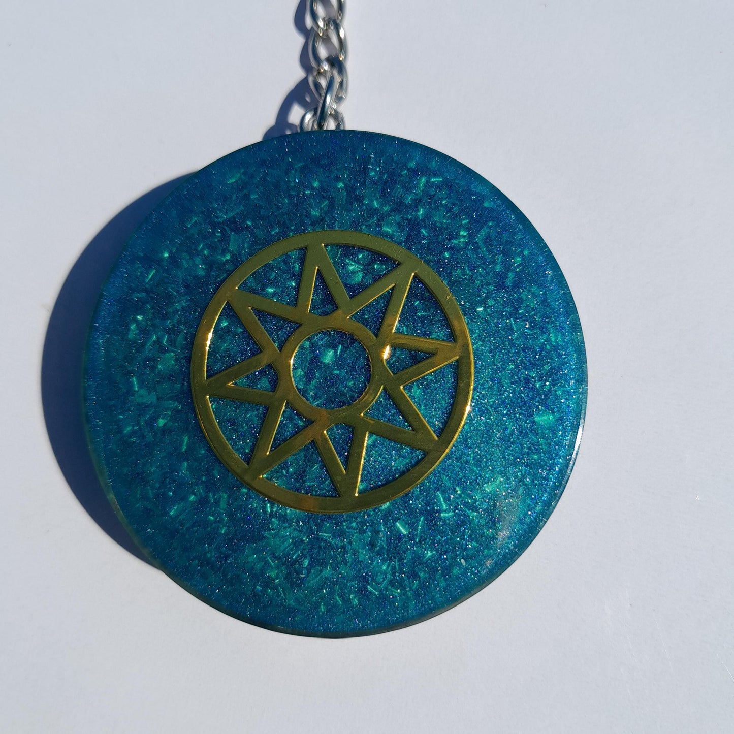 Llavero Orgonita Estrella de 8 Puntas Azul con Shunguita- Orgonite Keychain