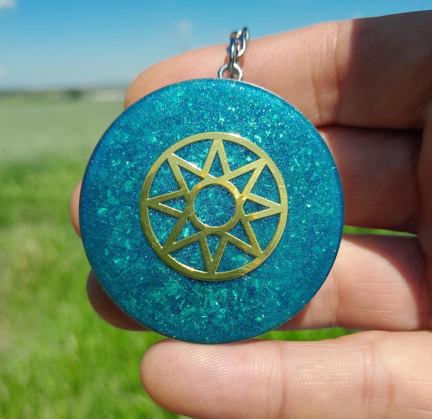 Llavero Orgonita Estrella de 8 Puntas Azul con Shunguita- Orgonite Keychain