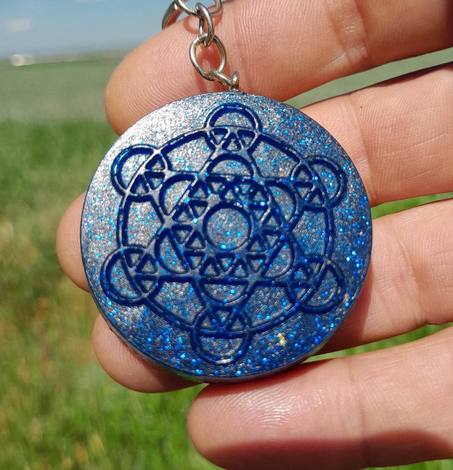 Llavero Orgonita Cubo de Metatron Azul- Protector 5G- Orgone Keychain