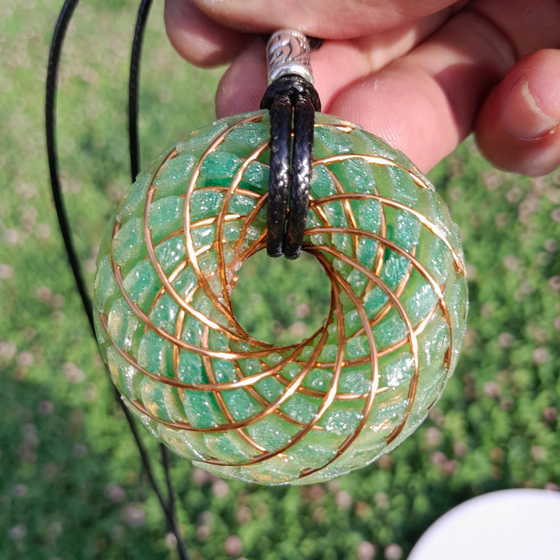 Bobina Torus Rodin Azul con Aventurina Verde- 50mm- Generador de Ondas de Vórtice