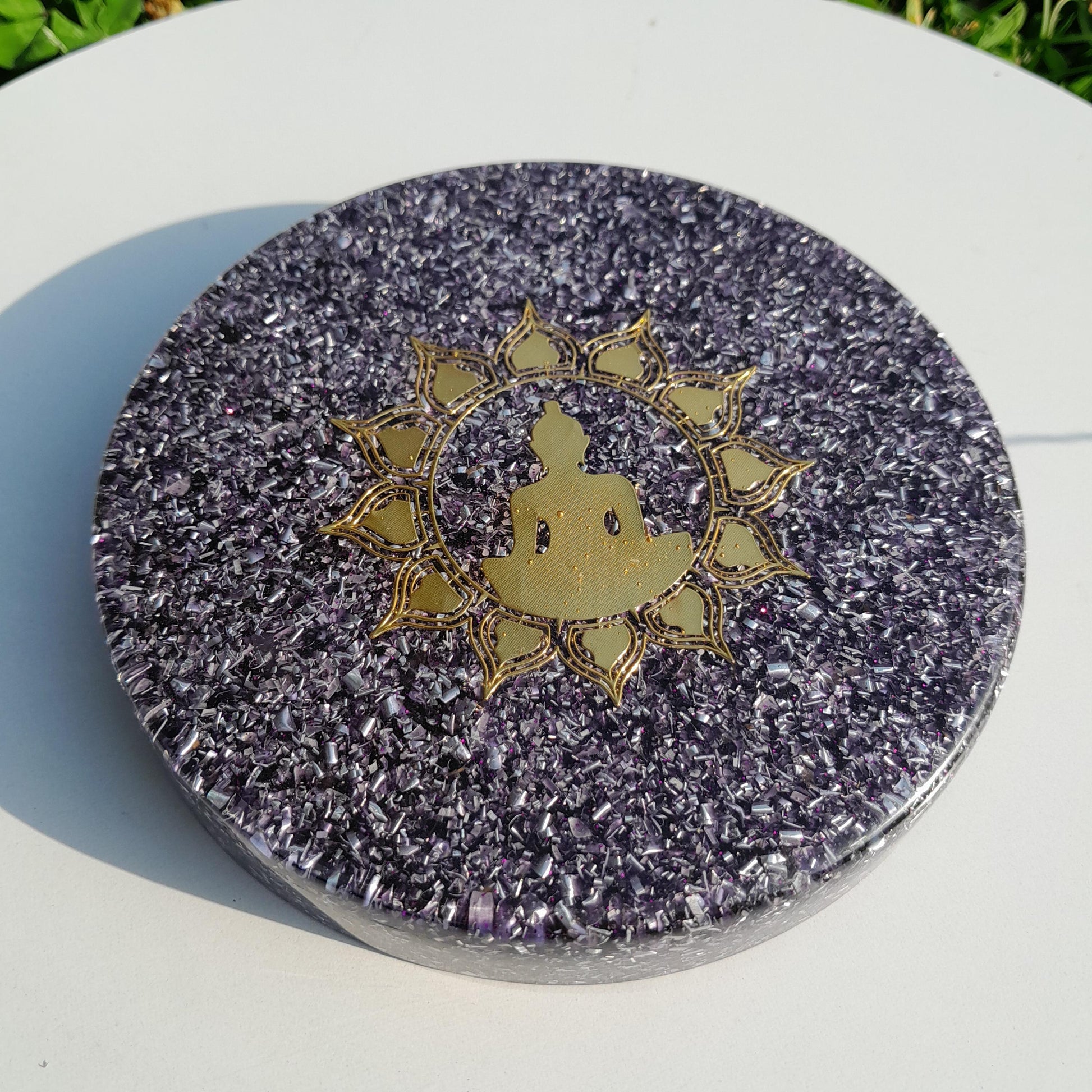 Placa de Carga Orgonica Buda con Flor de Loto – Energizador Natural para Alimentos y Bebidas Saludables