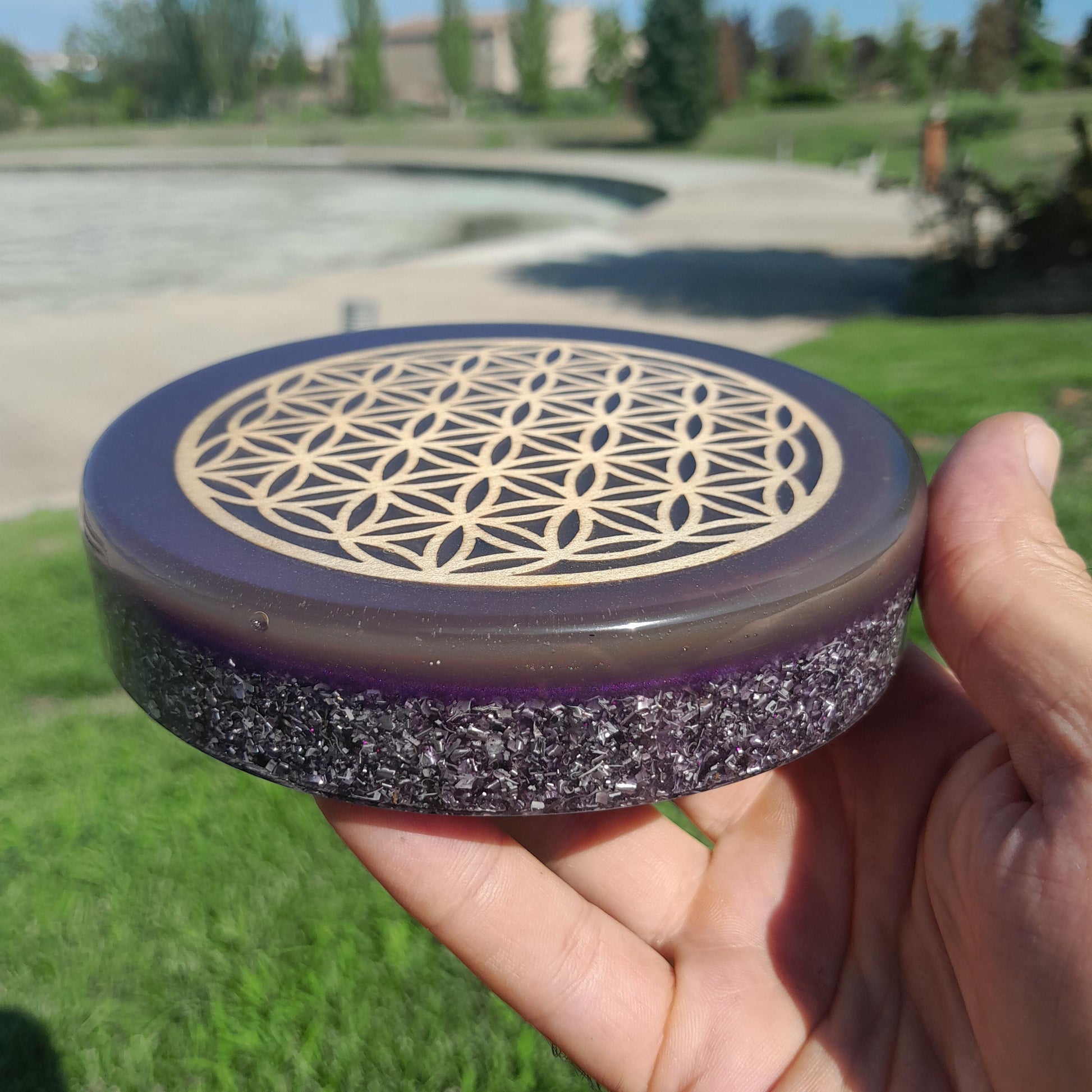 Placa de Carga de Orgón Flor de la Vida Violeta- Generador Energía para Alimentos y Bebidas- Orgone Generator