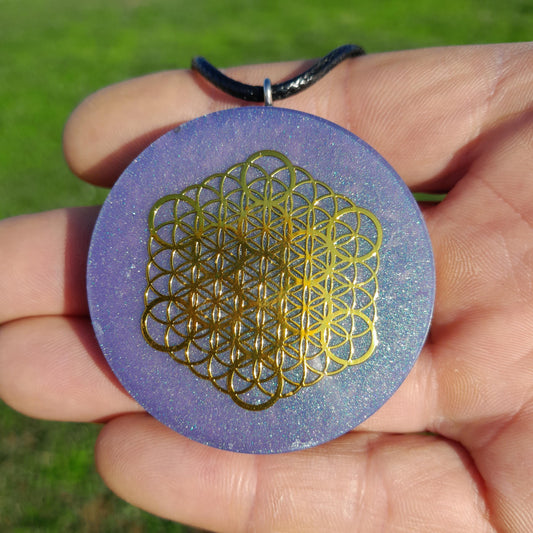 Colgante Orgonita Flor de la Vida Violeta con Shungita- Protección 5G, EMF, Energía Orgone, Hecho a Mano
