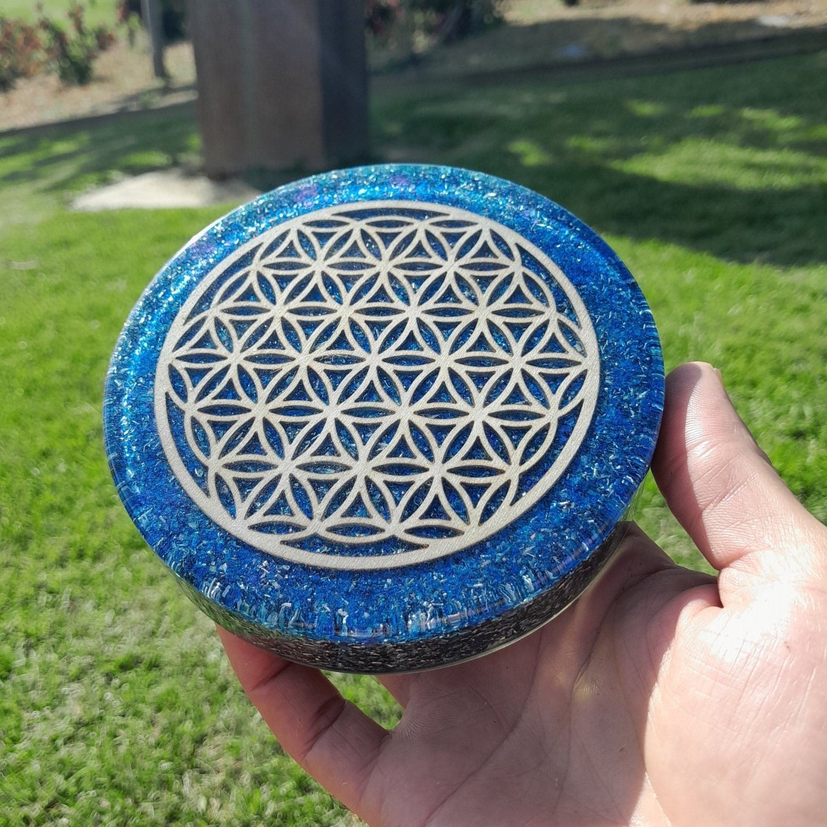 Plato de Carga de Orgón Flor de la Vida Azul - Mundo Orgon