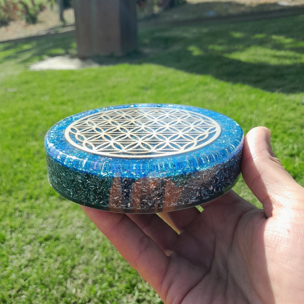 Plato de Carga de Orgón Flor de la Vida Azul - Mundo Orgon