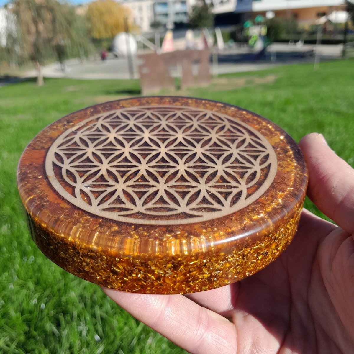 Plato de Carga de Orgón Flor de la Vida Marrón - Generador de Energía - Mundo Orgon