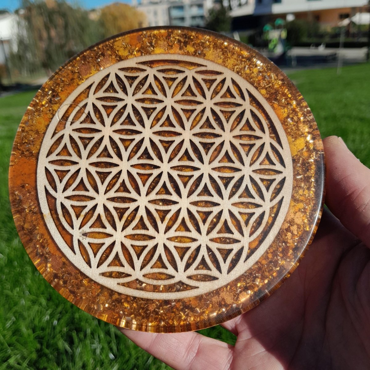 Plato de Carga de Orgón Flor de la Vida Marrón - Generador de Energía - Mundo Orgon