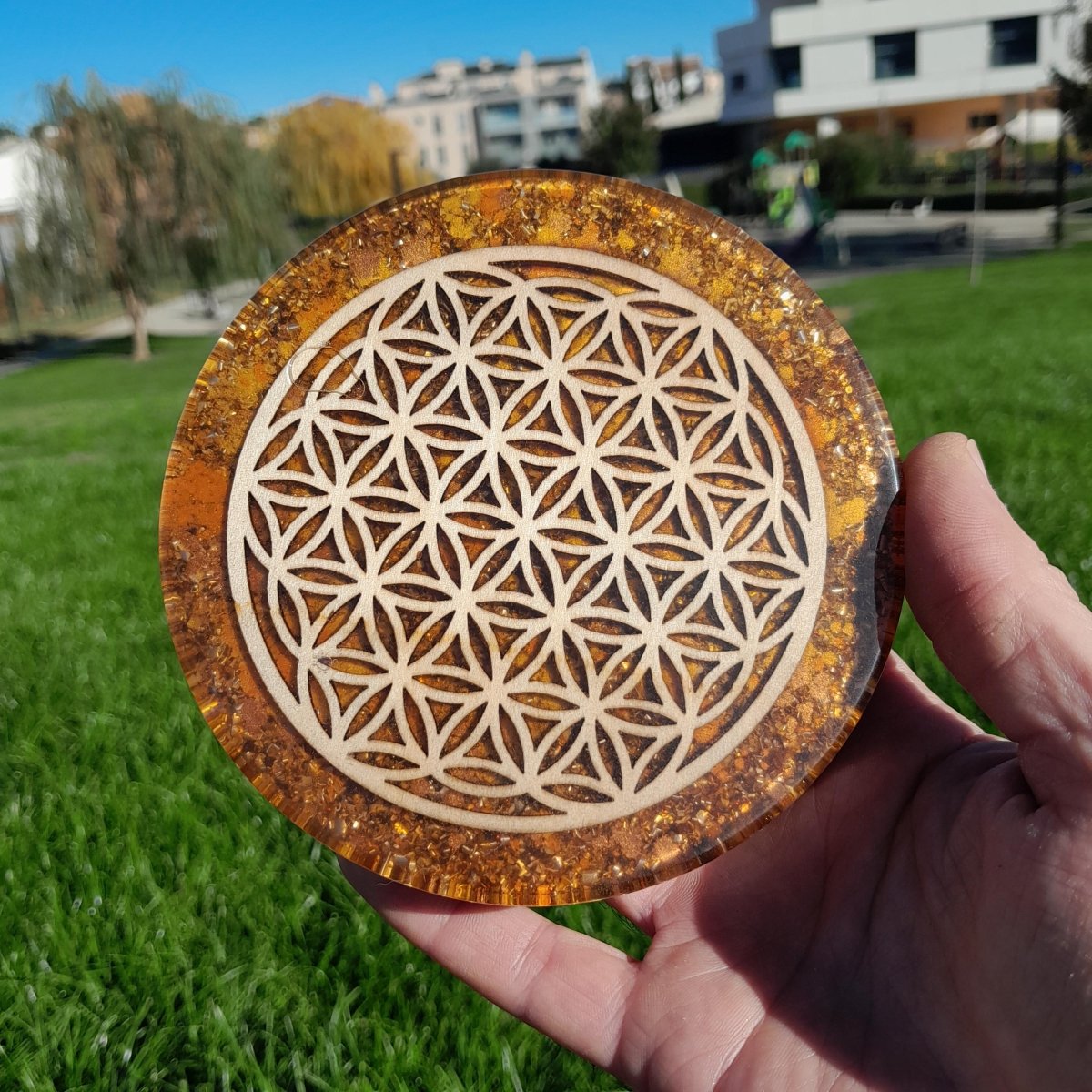 Plato de Carga de Orgón Flor de la Vida Marrón - Generador de Energía - Mundo Orgon