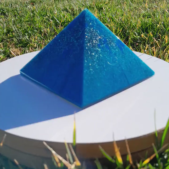 Handmade Blue Orgonite Pyramid – Sacred Geometry Energy Harmoniser (5.5" Base)