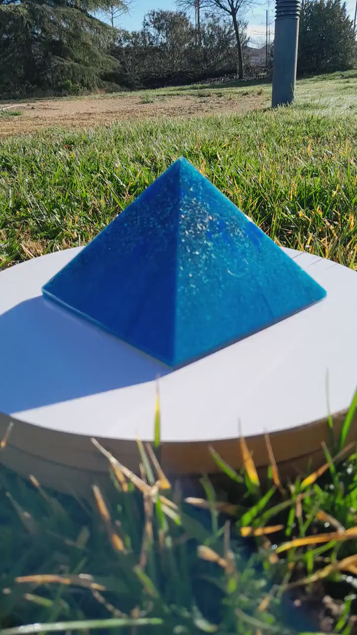 Handmade Blue Orgonite Pyramid – Sacred Geometry Energy Harmoniser (5.5" Base)